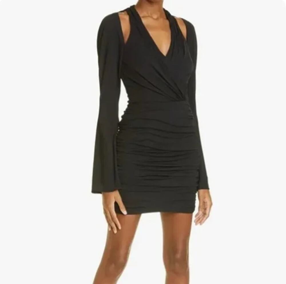 Cinq A Sept NEW Tiffy Cut Out Shoulder Bell Sleeve Ruched Jersey Dress Black 2